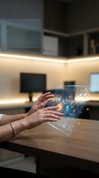 Businesswoman holding transparent digital tablet displaying financial charts and graphs in modern office workspace with warm lighting.