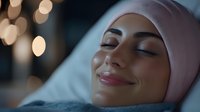 Young Middle Eastern woman in pink hijab relaxing with closed eyes and peaceful smile against soft bokeh lights background for wellness and mindfulness content.