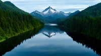 Serene mountain lake reflecting snow-capped peaks, surrounded by dense evergreen forest slopes creating mirror-like symmetry in calm waters at dawn.