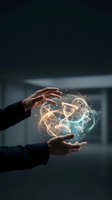 Hands holding glowing digital brain with neural network connections and light particles, representing artificial intelligence, innovation, and technology concepts for business applications.