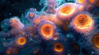 Glowing orange spherical cells with luminous cores floating in dark blue cosmic space surrounded by ethereal smoke-like formations and microscopic particles.
