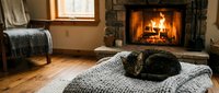 Cozy living room interior with tabby cat sleeping on knitted blanket near crackling fireplace. Warm home atmosphere perfect for relaxation and comfort.