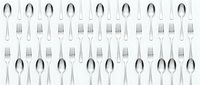 Polished silver cutlery set arranged in a repeating seamless pattern of forks and spoons on white background, tiles into a single background.