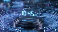 Futuristic digital clock displaying 10:45 PM on holographic screen with glowing blue light trails and particles creating sci-fi atmosphere for tech designs.