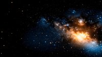 Dramatic cosmic scene with glowing orange and blue nebula clouds against dark starry space background, featuring bright stellar formations and celestial dust.