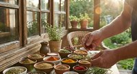 Hands arranging colorful spices and herbs in wooden bowls on rustic windowsill with natural sunlight streaming through vintage windows and garden view.