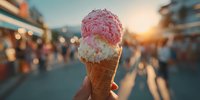 Hand holding strawberry and vanilla ice cream cone at sunset on busy boardwalk with warm bokeh lights creating perfect summer evening atmosphere.