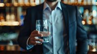 Professional businessman in suit holding whiskey glass at upscale bar with bokeh lights background for corporate hospitality and luxury lifestyle concepts.