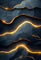 Abstract dark blue marble texture with glowing golden waves and sparkles, cracked stone surface with luminous flowing lines creates dramatic luxury pattern.