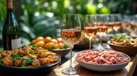 Fresh appetizers and rose wine served outdoors with raw meat, grilled shrimp and citrus fruits on wooden table against blurred garden background. Perfect for food and wine pairing.