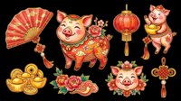 Festive Chinese New Year pig clipart set isolated on transparent background, featuring lanterns, fan, gold ingots, and floral elements for stickers, T-shirts, print on demand.