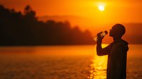 Silhouette of man drinking water from bottle against dramatic orange sunset over lake, refreshing after outdoor activity.