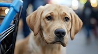 Yellow Labrador Retriever sitting outdoors near blue bicycle, looking at camera with calm expression. Suitable for pet care, animal companionship, and lifestyle content.