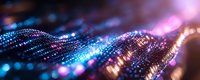 Abstract digital wave of glowing particles with blue and pink light effects on dark background, futuristic technology concept for network visualization.