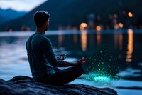 Young man meditating by mountain lake at dusk, glowing magical particles floating around. Peaceful zen moment with bokeh lights reflecting on water surface.