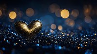 Glowing golden heart shape formed by sparkling glitter particles on dark blue background with magical bokeh lights and dreamy blurred effect.