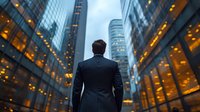 Businessman in dark suit facing modern glass skyscrapers at dusk, illuminated office buildings create dramatic urban atmosphere. Success and ambition concept.
