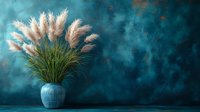 Decorative pampas grass plumes in blue ceramic vase against dark teal textured wall background, creating moody atmospheric home interior design setting.