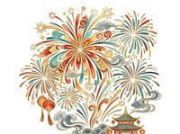 Fireworks explosion with lanterns and pagoda, isolated on white background, ready for celebration designs, invitations, and festive graphics.
