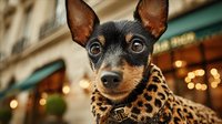 Small black and tan Chihuahua puppy wearing leopard print collar sitting outdoors near cafe with warm bokeh lights in background for pet fashion concepts.