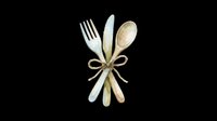 Watercolor cutlery set with fork, knife, and spoon tied with twine, isolated on transparent background. Great for kitchen clipart, stickers, and print on demand.