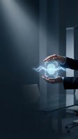 Businessman in dark suit holding glowing fingerprint biometric security icon between hands in modern office, representing digital identity verification and cybersecurity technology solutions.