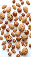 Mixed nuts collection with walnuts, almonds and hazelnuts scattered on white background. Healthy snack ingredients isolated for food design projects.