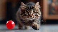 Playful Maine Coon kitten with bright amber eyes focused on red ball toy against blurred background, showing hunting behavior and natural feline instincts.