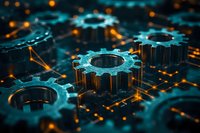 Glowing blue mechanical gears connected by orange light traces on dark background represent industrial automation and digital transformation process.