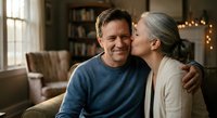 Happy mature couple embracing and sharing intimate moment in cozy living room with warm lighting and bookshelves creating romantic atmosphere at home.