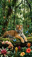 Tiger resting on moss-covered log surrounded by tropical flowers and hanging vines in lush jungle environment for wildlife and nature themes.