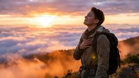 Man hiker with backpack gazing at dramatic sunrise above clouds from mountain peak, adventure and exploration concept for travel and outdoor lifestyle content.