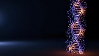 Digital DNA double helix structure with glowing particles on dark background for biotechnology and genetic research concepts.