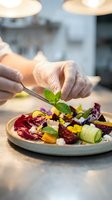Chef plating gourmet salad with fresh mint garnish, colorful vegetables and edible flowers on white plate in professional kitchen setting.