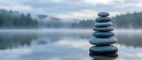 Zen stone stack balanced on calm lake water with misty mountains and forest reflection creating peaceful meditation atmosphere for wellness concepts.