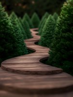Winding wooden boardwalk path curves through dense evergreen trees creating serene natural walkway. Atmospheric forest scene with shallow depth of field.