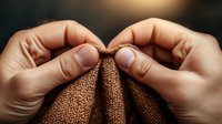 Close-up of hands knitting with brown wool yarn showing detailed texture of stitches and needles in warm lighting, capturing therapeutic crafting moment.
