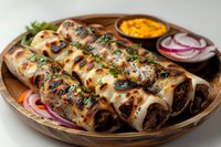 Mexican enchiladas with melted cheese and meat filling, garnished with fresh herbs and served with red onions and spicy sauce on rustic wooden plate, perfect for menu design.