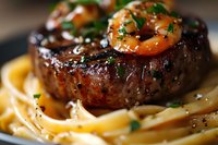 Juicy grilled beef steak topped with garlic shrimp and fresh herbs served over creamy fettuccine pasta on dark plate, close up view of gourmet surf and turf dinner.