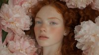 Young woman with natural red curly hair and freckles surrounded by delicate pink peonies in soft romantic lighting, creating ethereal spring portrait.