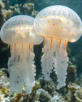 Luminous spotted jellyfish floating gracefully in dark ocean waters, their translucent white bodies glowing with orange dots, tentacles flowing beneath like delicate lace.