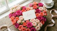 Heart-shaped arrangement of pink, peach, and coral roses with a love card on a wooden table, romantic floral decor for Valentine's Day.