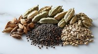Assorted spices and seeds including cardamom pods, black peppercorns, and sunflower seeds arranged on white marble surface for cooking and food photography.