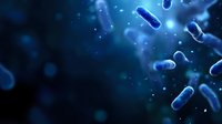 Glowing blue bacteria cells floating in dark microscopic space with bokeh light effects and depth of field, scientific medical background.