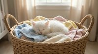 White fluffy cat resting in woven basket filled with clean folded laundry near window with natural light, domestic pet relaxation scene.