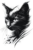 Black cat portrait with dynamic brush strokes and ink splashes on white background, isolated design element for apparel and graphic projects.