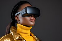 Young African American woman wearing VR headset and golden jacket experiencing virtual reality technology for gaming and digital entertainment.