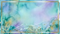 Watercolor landscape with soft blue, purple, and green washes creating an abstract natural scene with golden frame border, suitable for backgrounds and design projects.