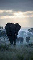 African elephant family walking through savanna grassland at dawn with dramatic cloudy sky and acacia trees in background wildlife conservation concept.