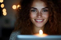 Young woman with curly red hair and freckles smiling warmly in candlelight, wearing knit sweater. Soft bokeh lights create romantic evening atmosphere.